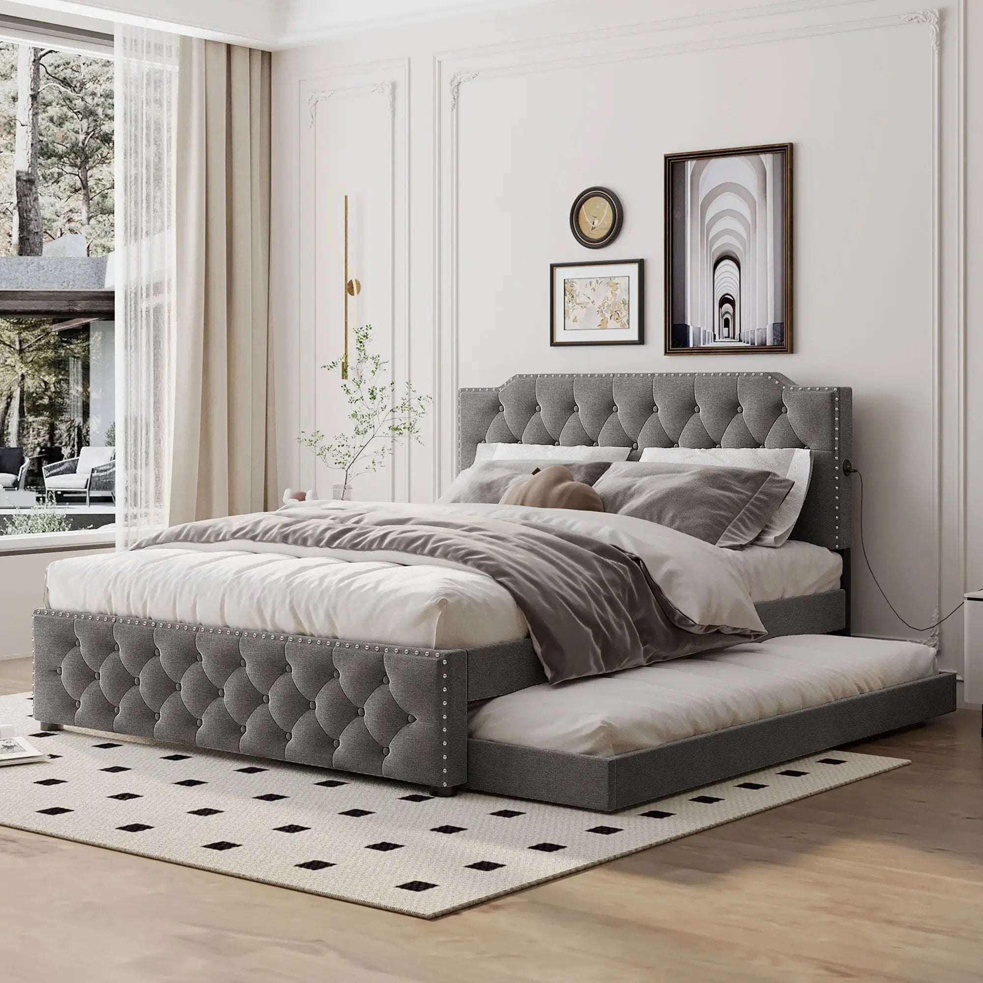 Upholstered Platform Bed With Trundle And 2 Sets Of USB Ports On Each Side, Fabric by Unique Piece Furniture