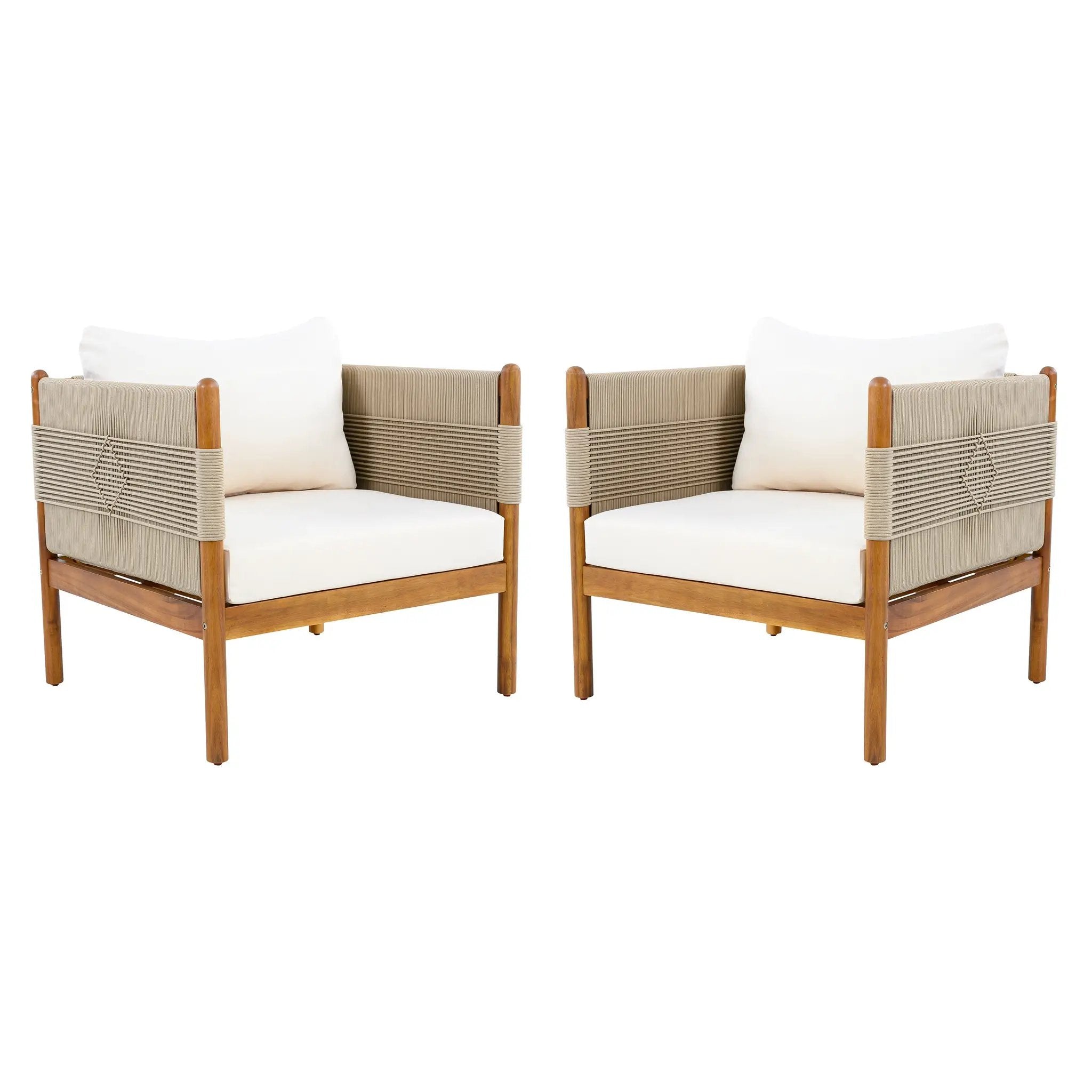 Outdoor Club Chairs (Set of 2) with Diamond-Pattern Beige Rope, Teak Finish by HouseOfZazla
