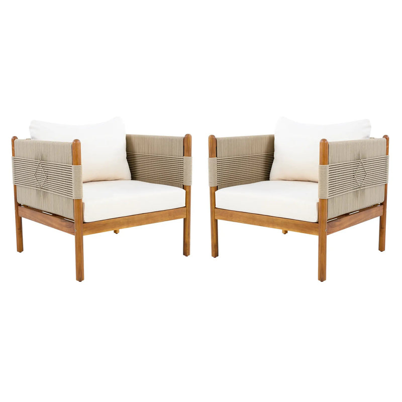 Outdoor Club Chairs (Set of 2) with Diamond-Pattern Beige Rope, Teak Finish by HouseOfZazla