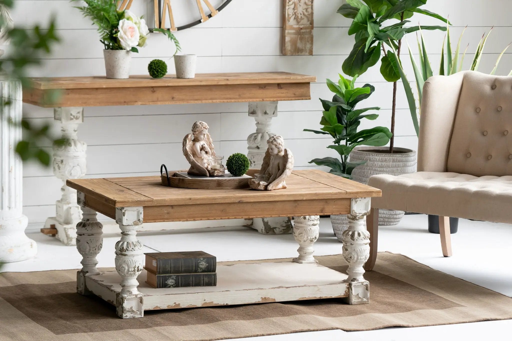Rectangle Coffee Wooden Coffee Table, French Country Coffee Table - Brown / Antique White by Unique Piece Furniture