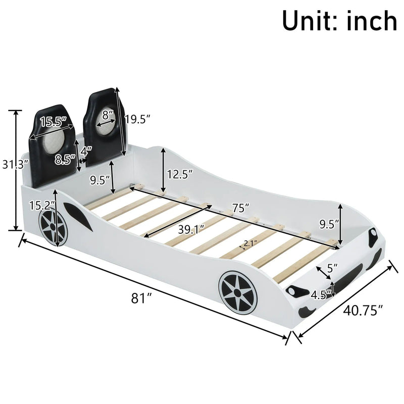 Race Car Shaped Platform Bed With LED And Upholstered Backrest In by Unique Piece Furniture