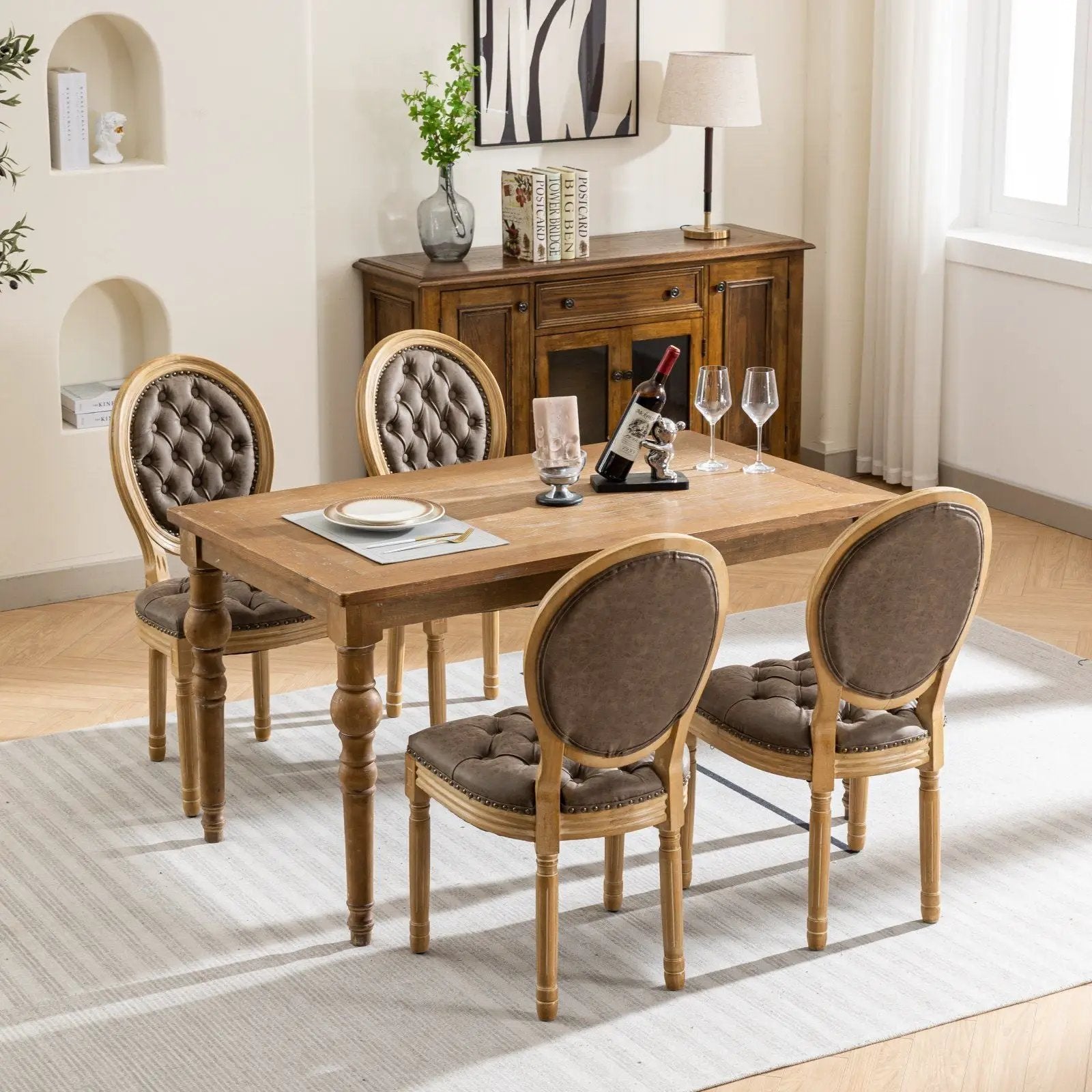 French Style Solid Wood Frame Antique Painting, Hand-Pulled Buckle Decoration Artificial Dining Chair With Nailhead Trim, Wood Legs by HouseOfZazla