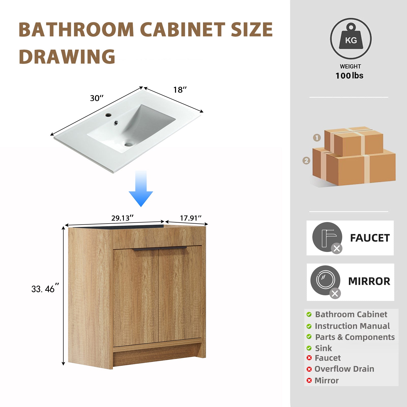 30inch Floor-Standing Bathroom Vanity with 3D Grooved Panel and Integrated Ceramic Sink by HouseOfZazla