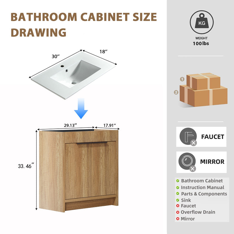 30inch Floor-Standing Bathroom Vanity with 3D Grooved Panel and Integrated Ceramic Sink by HouseOfZazla