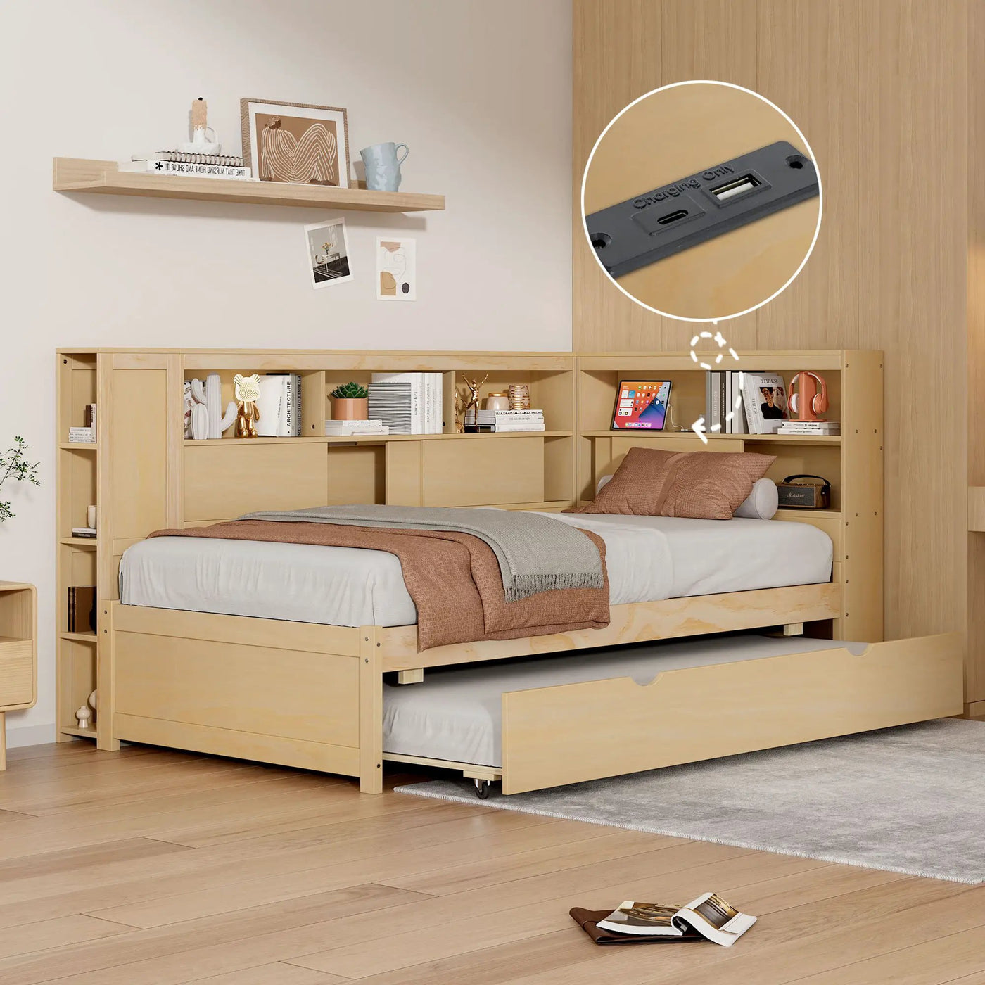 Daybed With Storage Shelves, USB Charging, And Trundle Bed by Unique Piece Furniture