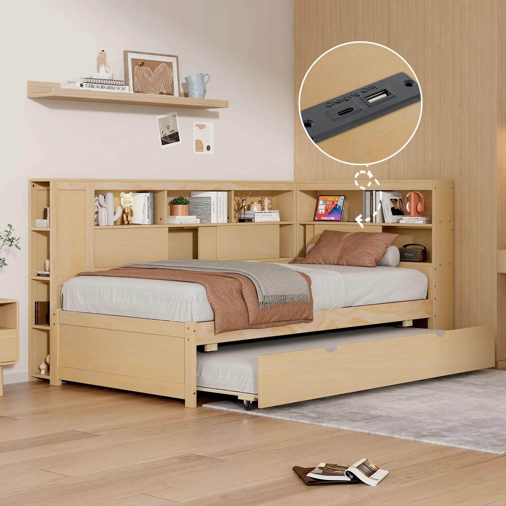 Daybed With Storage Shelves, USB Charging, And Trundle Bed by Unique Piece Furniture