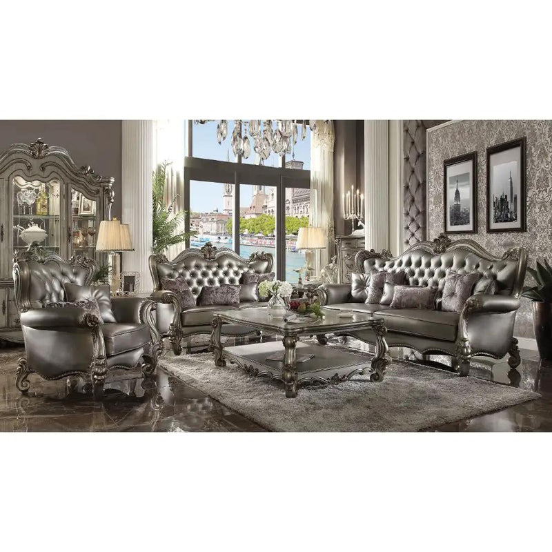 Versailles - Loveseat With 4 Pillows - Silver Synthetic Leather & Antique Platinum by Unique Piece Furniture