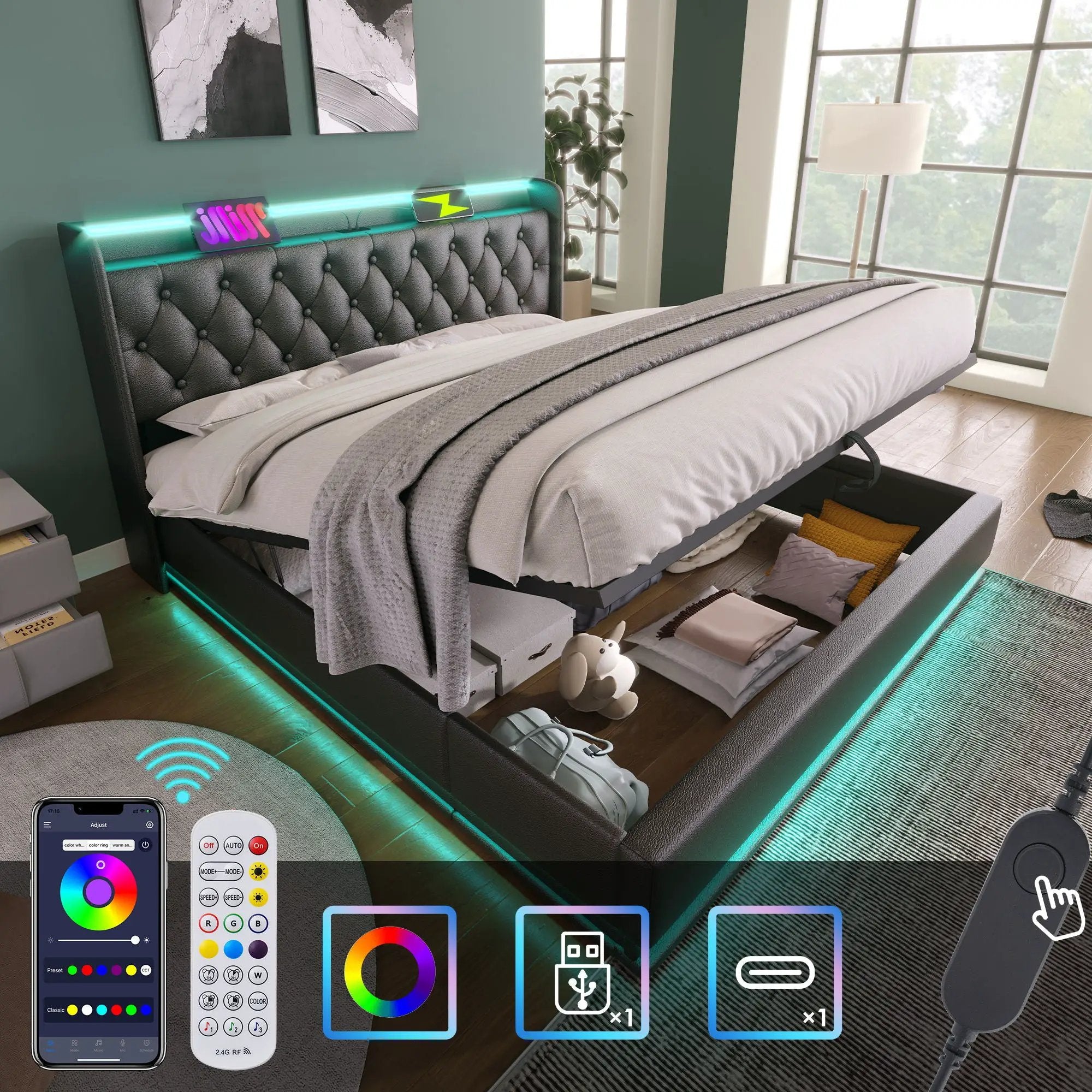 Upholstered Bed, 360 Surround LED Function, Remote Control, Hydraulic Storage Bed With USB, Type-C Charging (Without Mattress) by HouseOfZazla