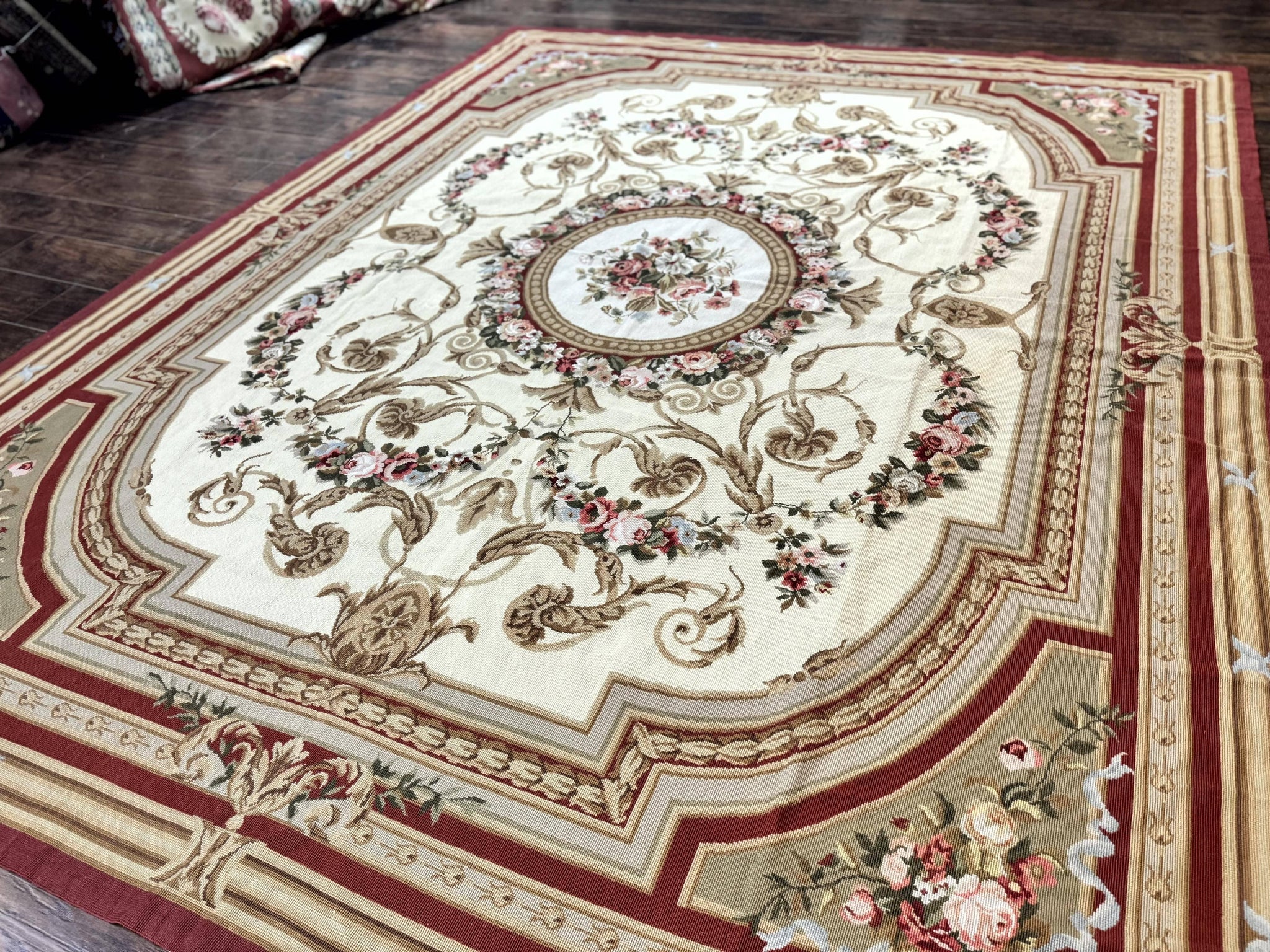 Aubusson Needlepoint Rug 9x11, Handmade Vintage Wool Flatweave Carpet, Elegant European Rug, Floral, Cream by Jewel Rugs