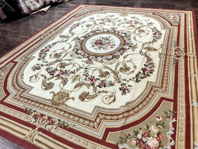 Aubusson Needlepoint Rug 9x11, Handmade Vintage Wool Flatweave Carpet, Elegant European Rug, Floral, Cream by Jewel Rugs