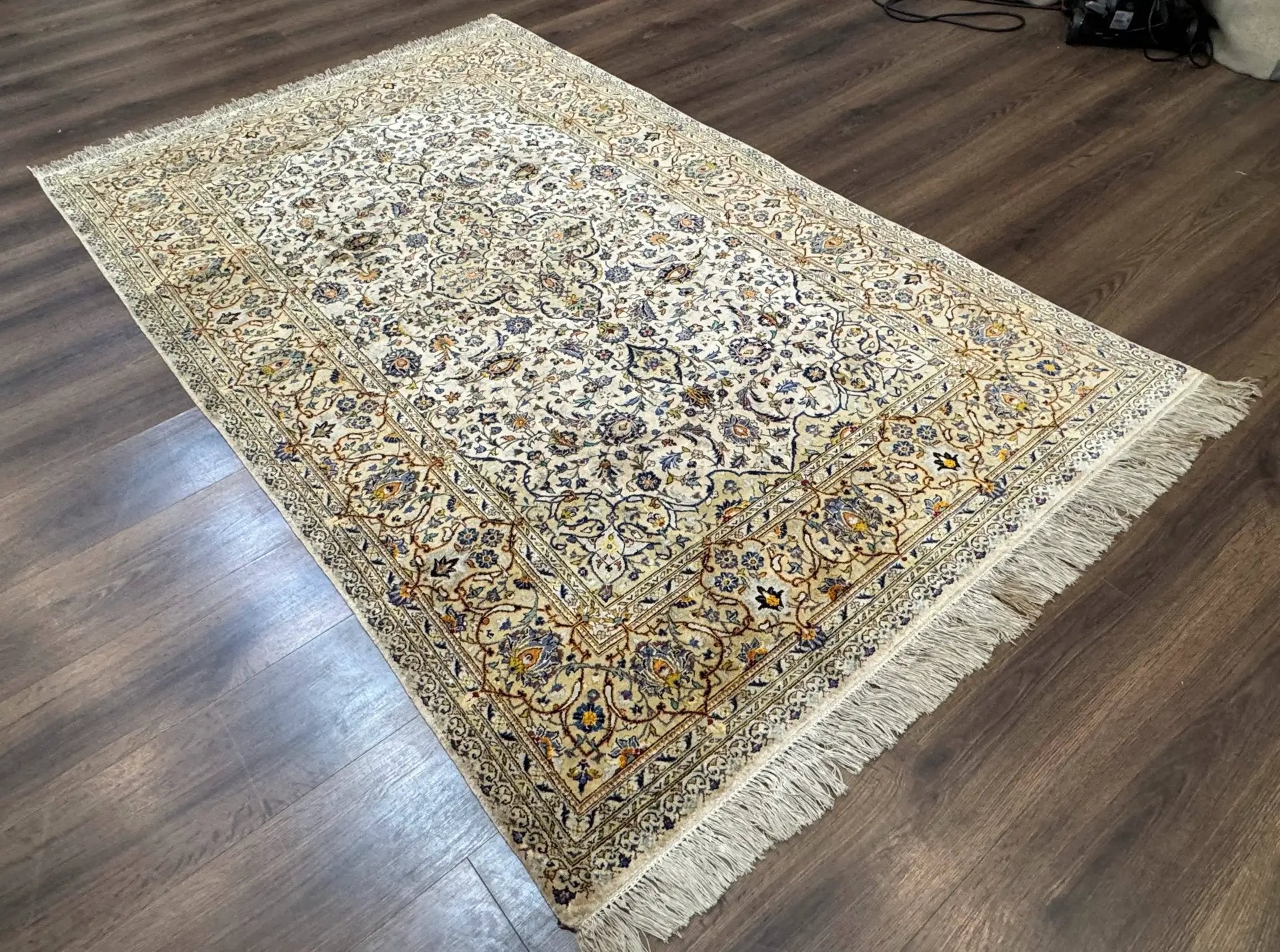 Rare Silk Persian Kashan Rug 4.6 x 7, Antique Fine 310 KPSI, Ivory by Jewel Rugs
