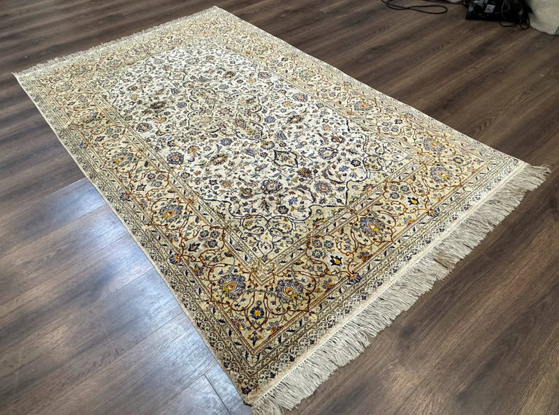Rare Silk Persian Kashan Rug 4.6 x 7, Antique Fine 310 KPSI, Ivory by Jewel Rugs