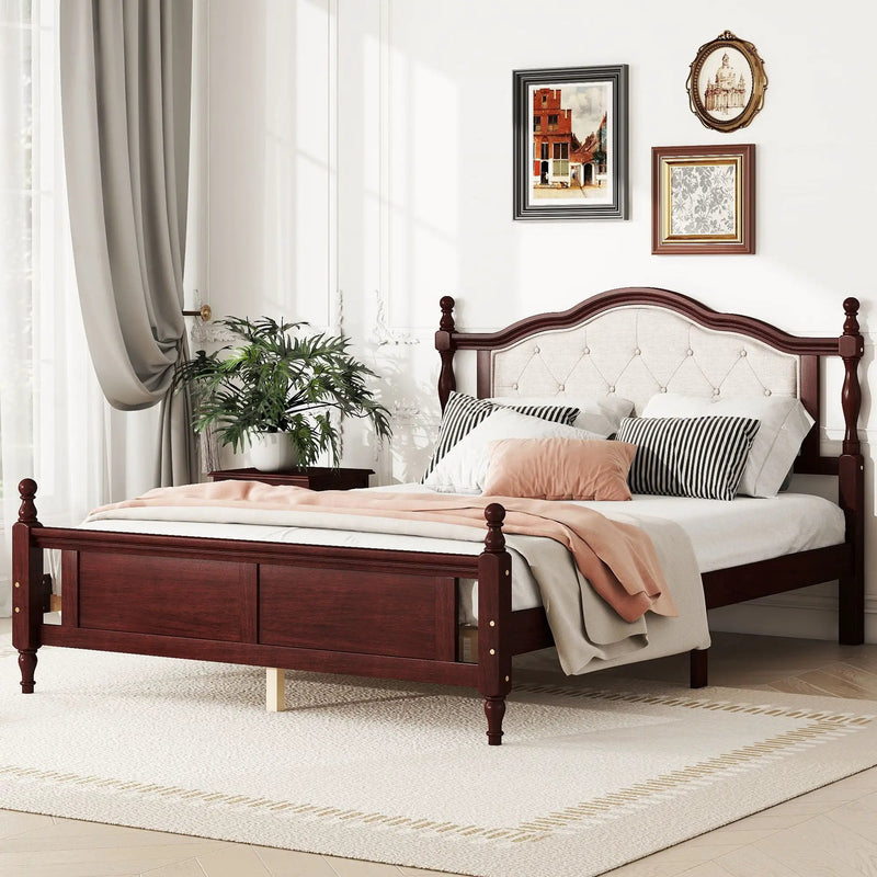 Pine Wooden Bed With Upholstered Headboard And Panel Footboard, With Two Bed Rail Support Feet And Central Platform Support Feet by HouseOfZazla