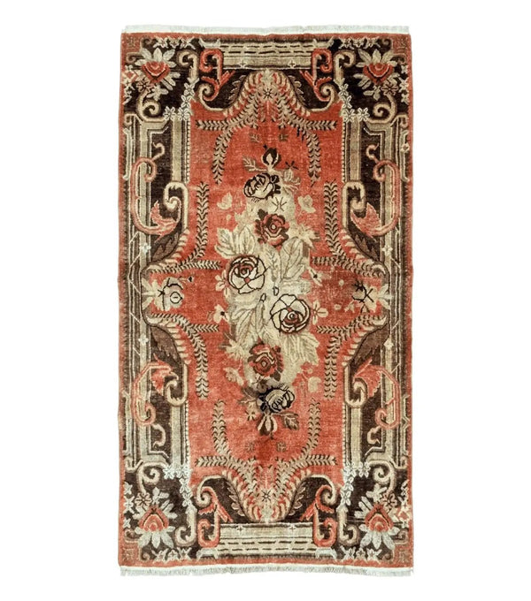 Khotan Rug 5x9, Terracotta and Brown, Floral, Chinese Wool Carpet, Antique Rug
