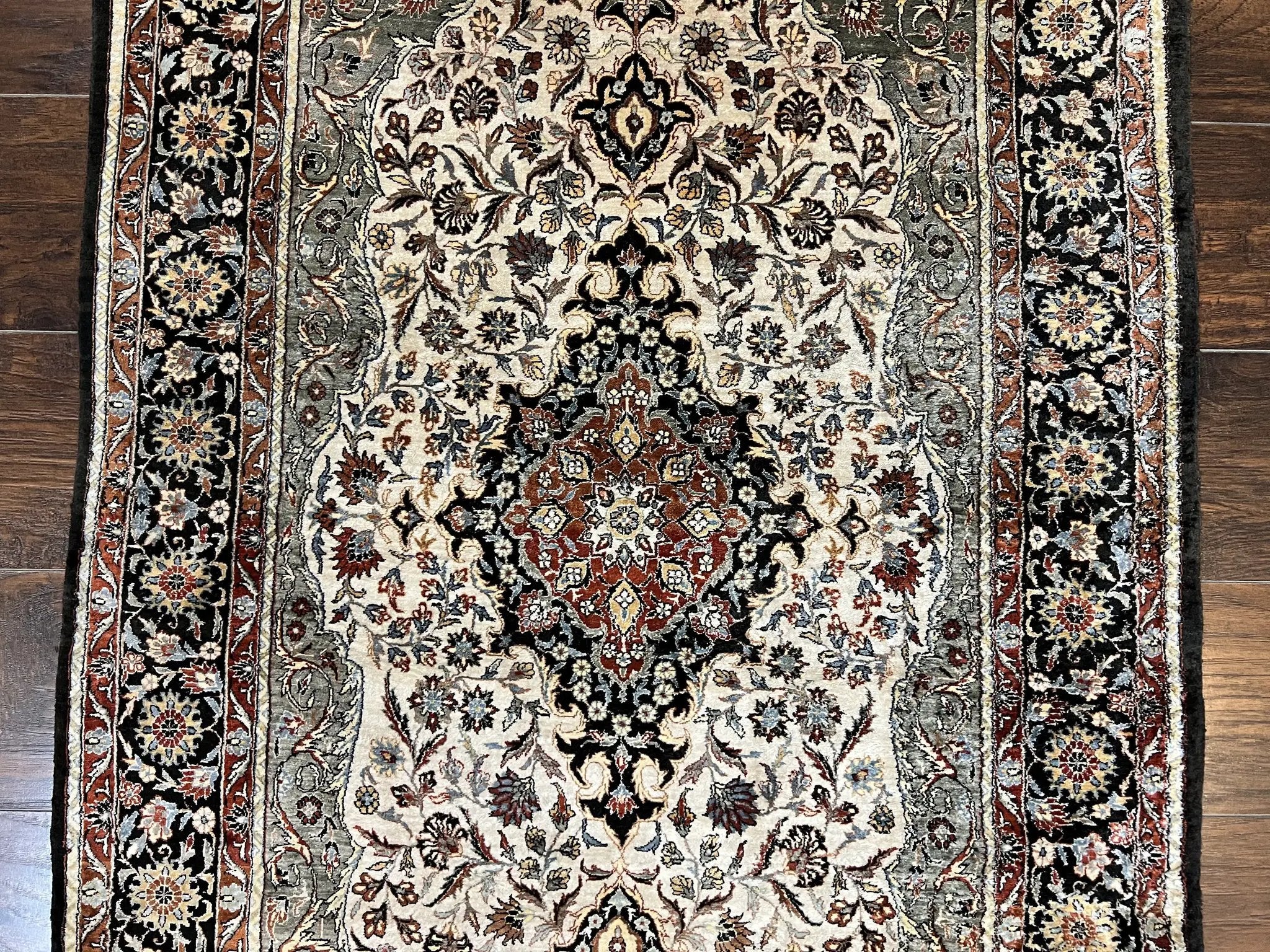 Silk Sino Persian Rug 3x5, Floral Medallion, Hand Knotted Silk Pile Silk Foundation, Traditional Silk Handmade Oriental Carpet, Cream Black by Jewel Rugs