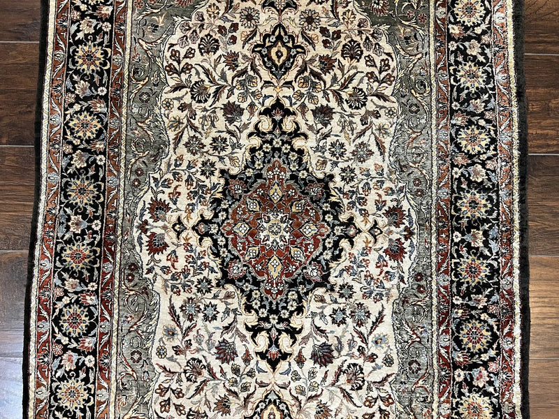 Silk Sino Persian Rug 3x5, Floral Medallion, Hand Knotted Silk Pile Silk Foundation, Traditional Silk Handmade Oriental Carpet, Cream Black by Jewel Rugs