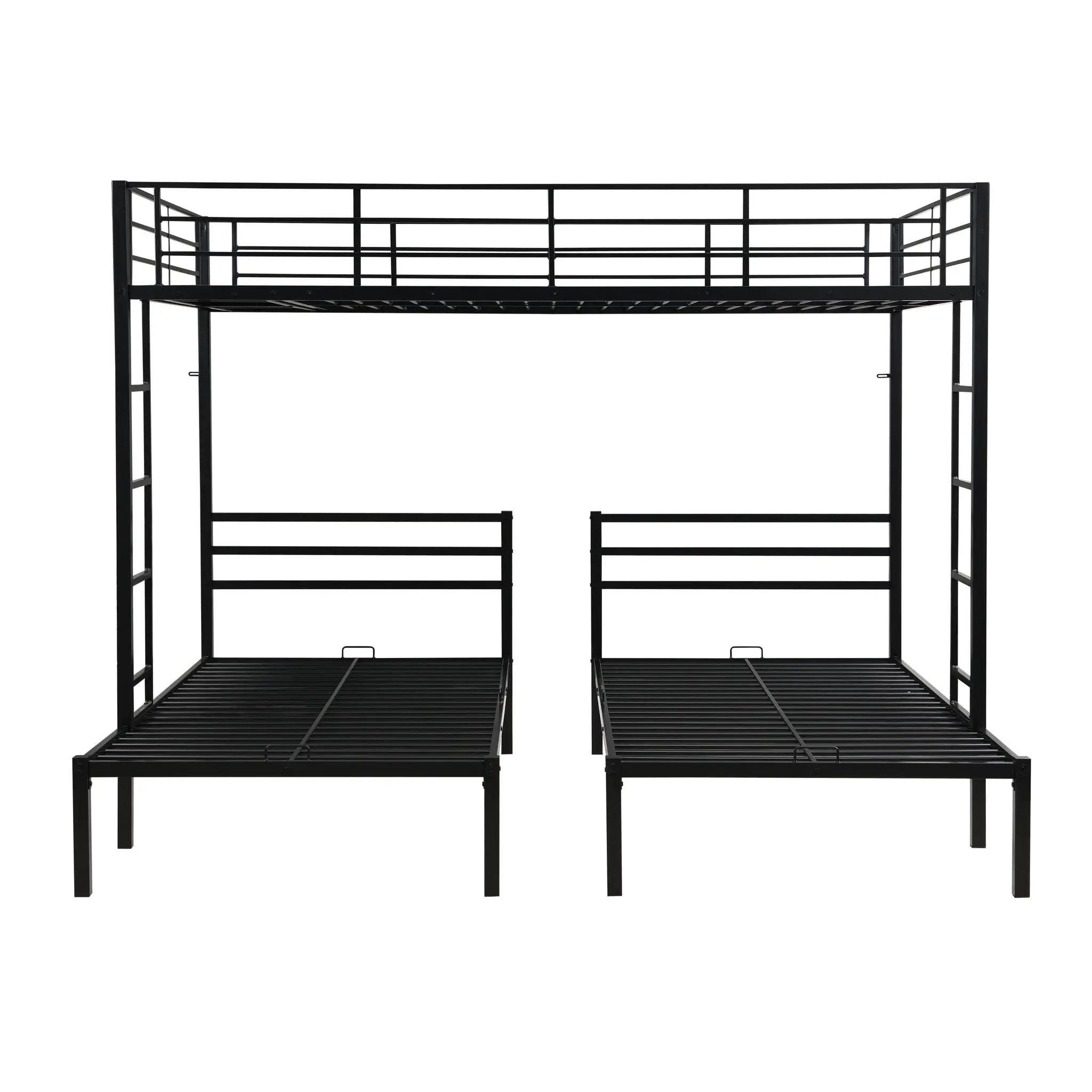 Modern Metal Triple Bunk Bed With Vertical Ladder, Safety Rail, And Storage Shelf - Black by HouseOfZazla