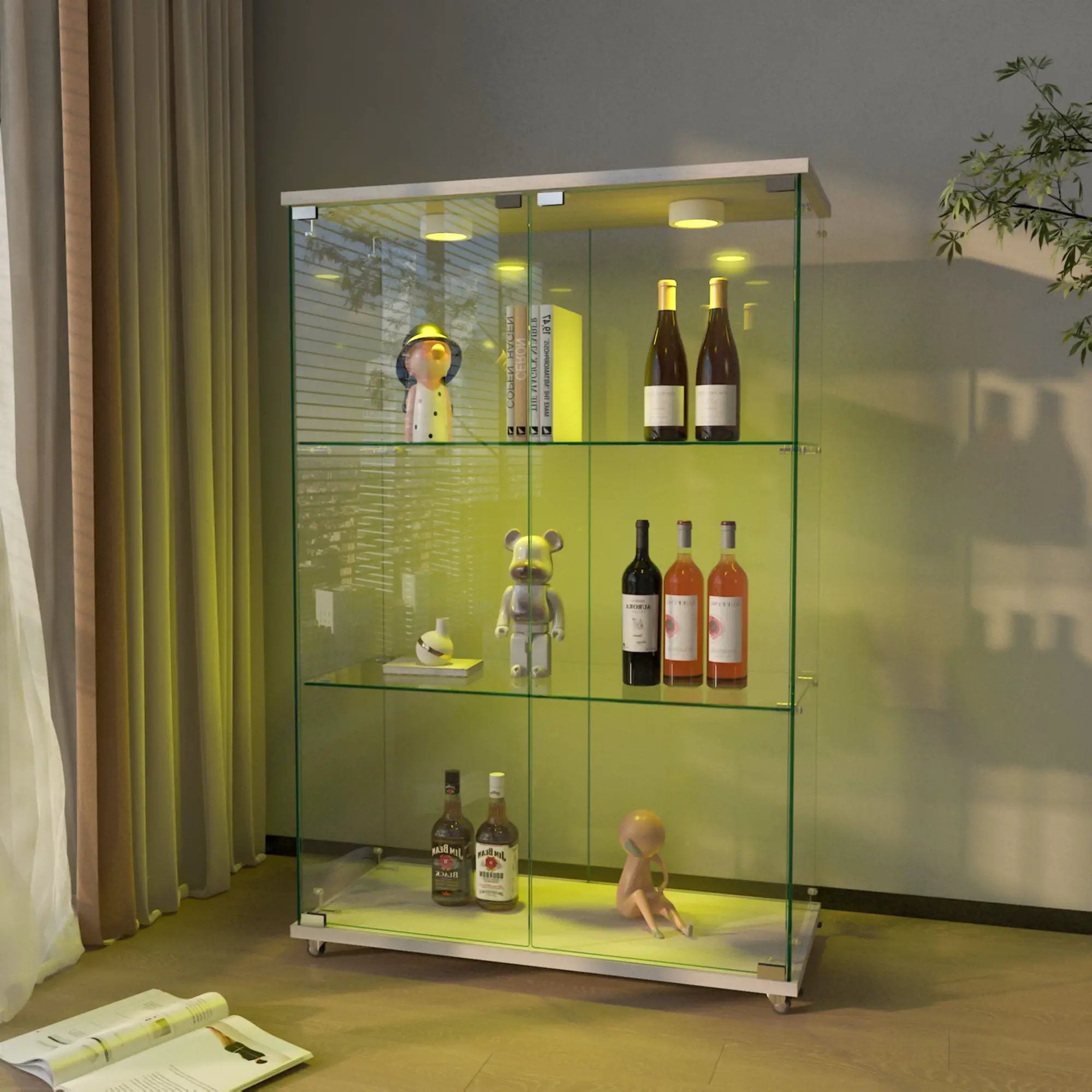 Modern Display Cabinet With LED Lights, Transparent Tempered Glass 2 Door Storage Case With 3 Shelves by HouseOfZazla