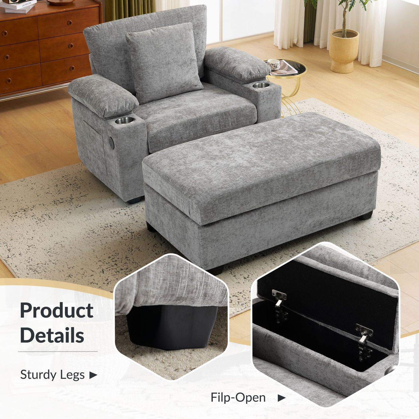 Modern Oversized Chair With Ottoman, Cupholders And USB Charging Ports by Unique Piece Furniture