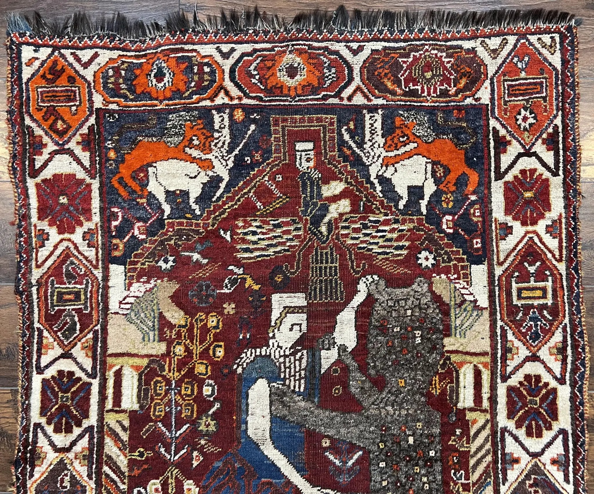 Antique Persian Shiraz Pictorial Rug 3.6 x 5, Persian Tribal Rug, Handmade, Lions, Highly Unique Collectible Small Persian Carpet, Maroon, Wool by Jewel Rugs