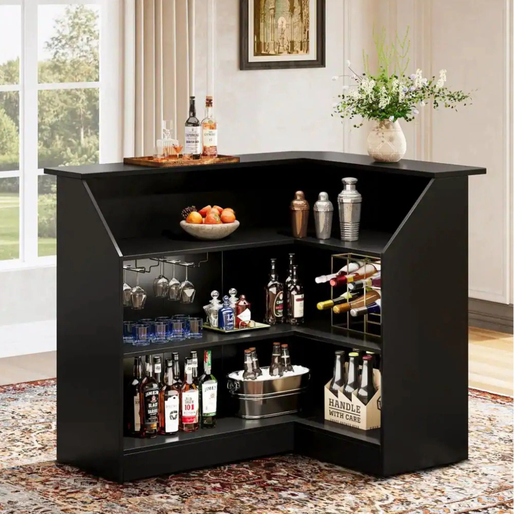 L-Shaped Home Bar Cabinet With Stemware Racks, 4 Tier Corner Unit, Liquor Wine Bar Table & Reception Desk For Home Pub - Black by HouseOfZazla