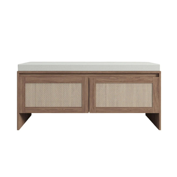 Storage Bench With Cushion, Shoe Cabinet With 2 Doors - Antique Natural / Rattan