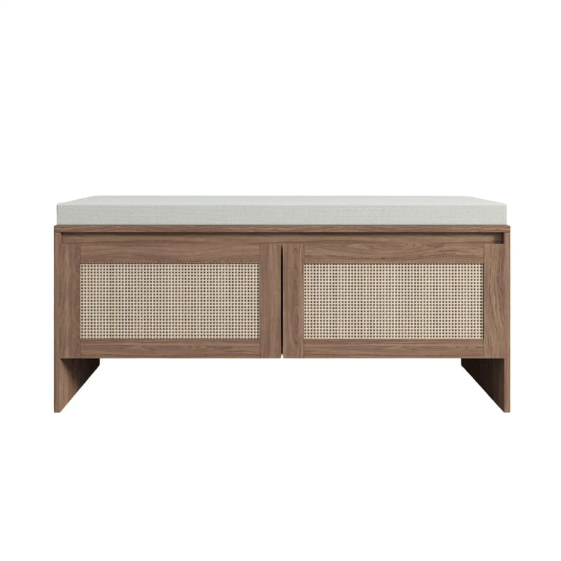Storage Bench With Cushion, Shoe Cabinet With 2 Doors - Antique Natural / Rattan by HouseOfZazla