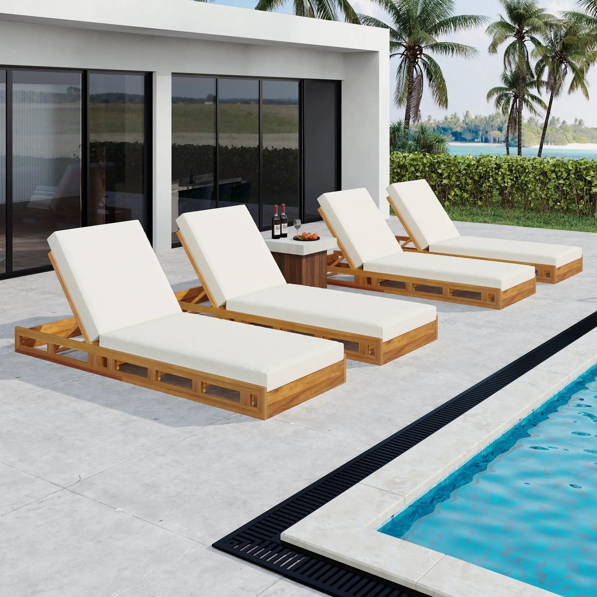Premium Acacia Wood Lounge Chaise Set With Water Resistant Cushions, Adjustable Recline - Cream / Teak by HouseOfZazla