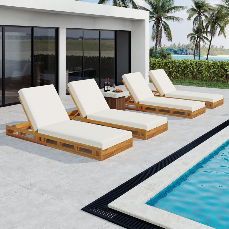 Premium Acacia Wood Lounge Chaise Set With Water Resistant Cushions, Adjustable Recline - Cream / Teak by HouseOfZazla