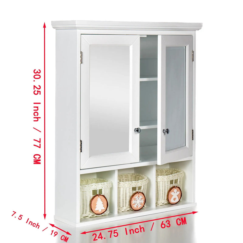 Bathroom Storage Cabinet, Medicine Cabinets For Bathroom With Mirror, 2 Doors 2 Adjustable Shelf & 3 Christmas Style Storage Basket - White by HouseOfZazla