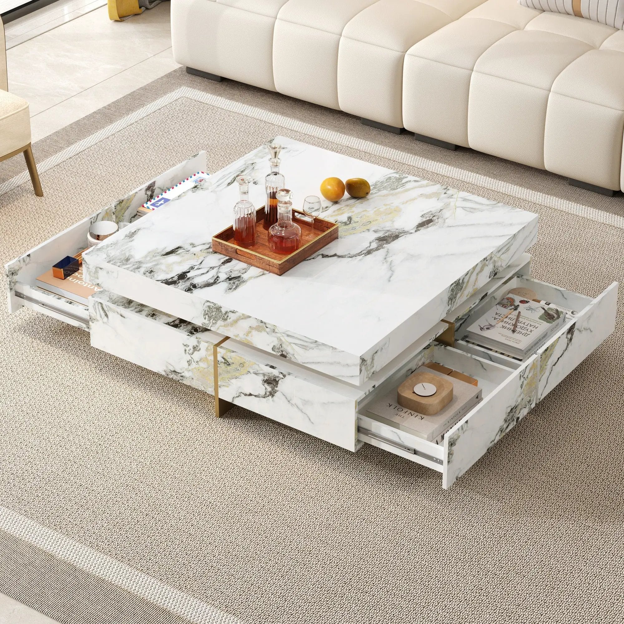 Modern Square Marble Textured Coffee Table with 4 Drawers by HouseOfZazla