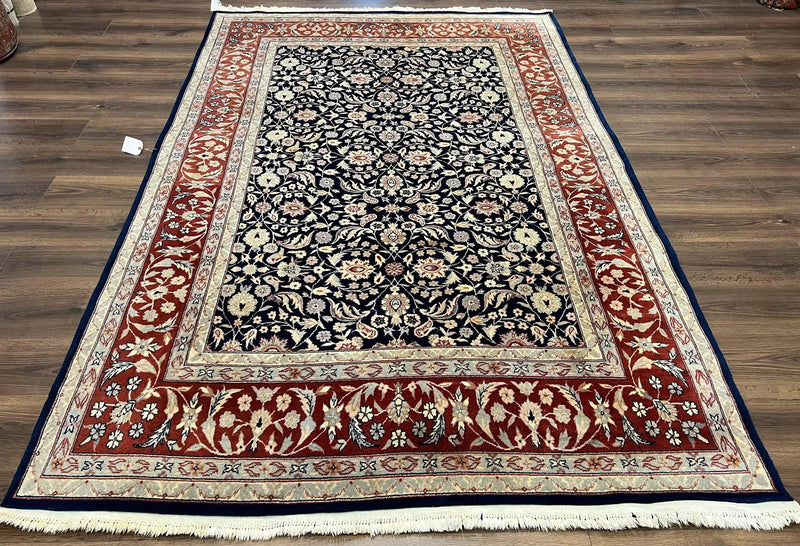 Indo Sarouk Rug 6x9, Vintage Indian Persian Rug, Wool Oriental Carpet, Navy Blue Red Allover Floral Rug, Traditional Very Fine Rug, Area Rug by Jewel Rugs