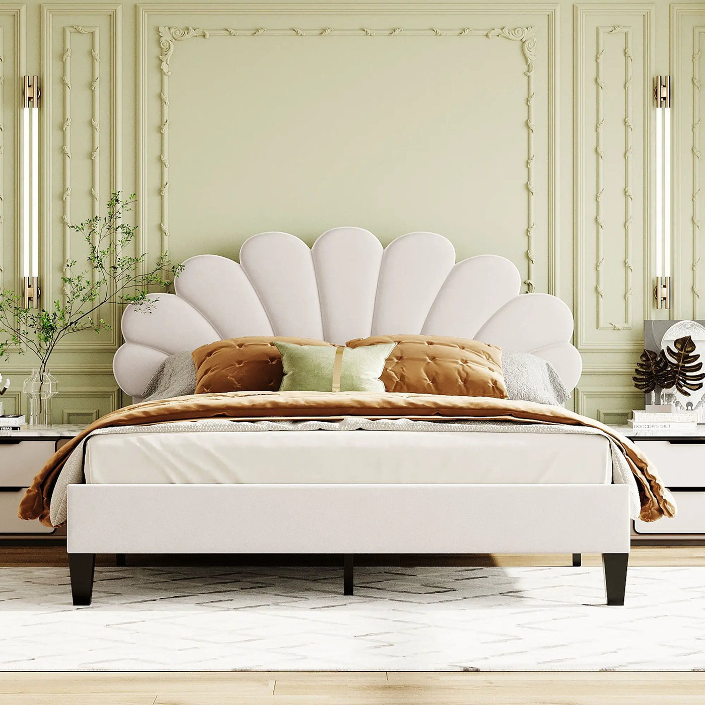 Upholstered Platform Bed With Flower Pattern Headboard by Unique Piece Furniture