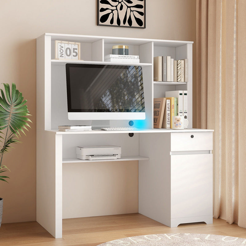 Computer Desk With Hutch & Bookshelf, Wood Executive Desk Teens Student Desk Writing Laptop Home Office Desk With Drawers, 3 Ac Outlets And 2 USB Charging Ports, Study Laptop Table For Home - White by Unique Piece Furniture