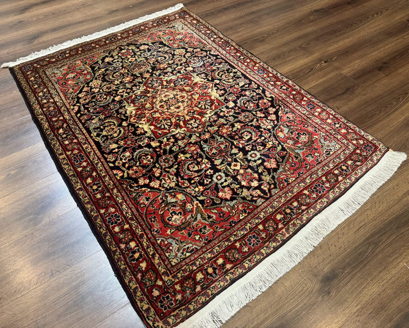 Antique Persian Sarouk Rug 4x5, Dark Blue and Red, Floral Medallion, Fine by Jewel Rugs