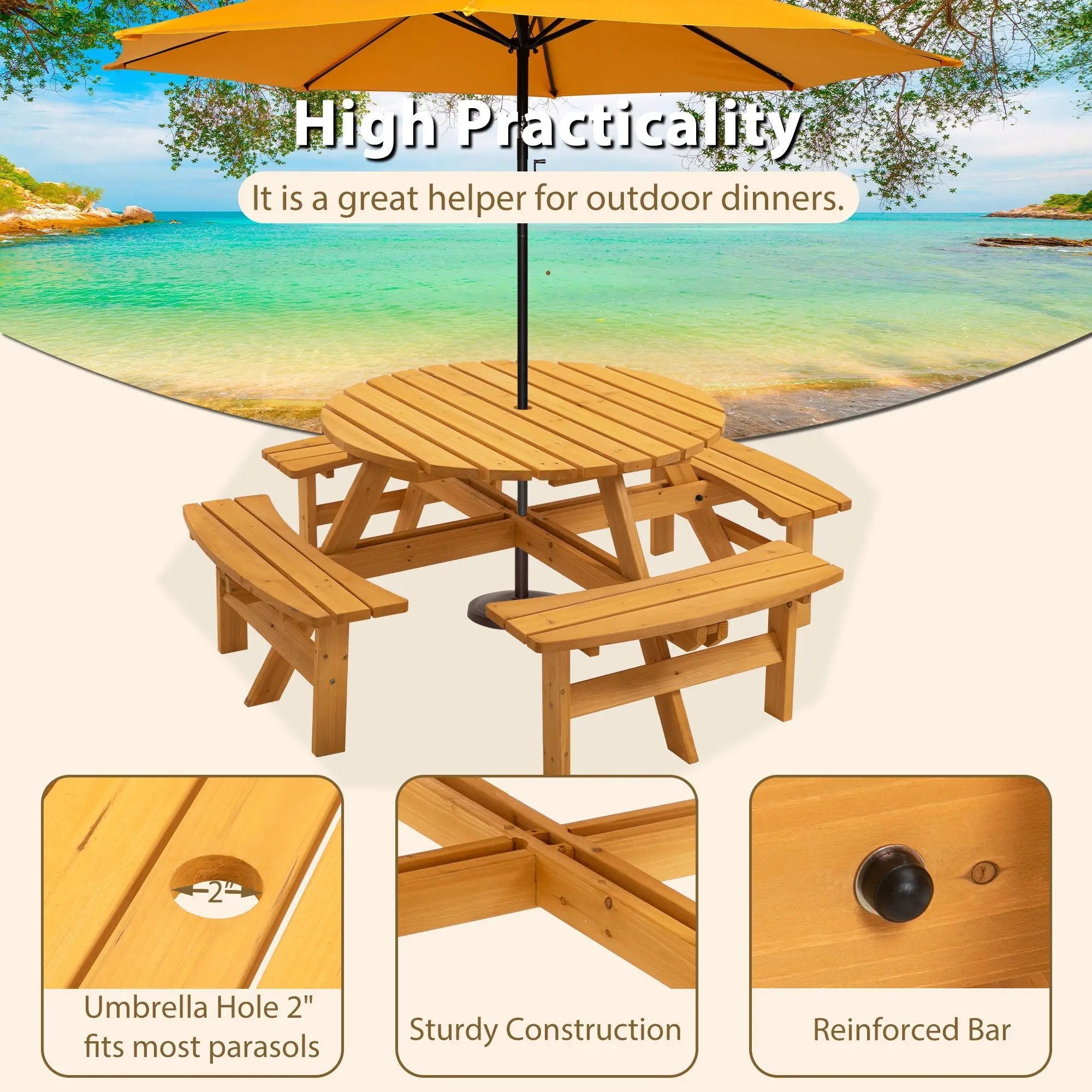 8 Person Wooden Picnic Table, Outdoor Camping Dining Table With Seat, Garden, Diy With 4 Built-In Benches, 2220Lb Capacity by Unique Piece Furniture