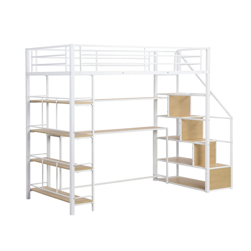 Twin Size Loft Bed With Built In Desk, Staircase Storage & 4 Tier Shelves - White by HouseOfZazla