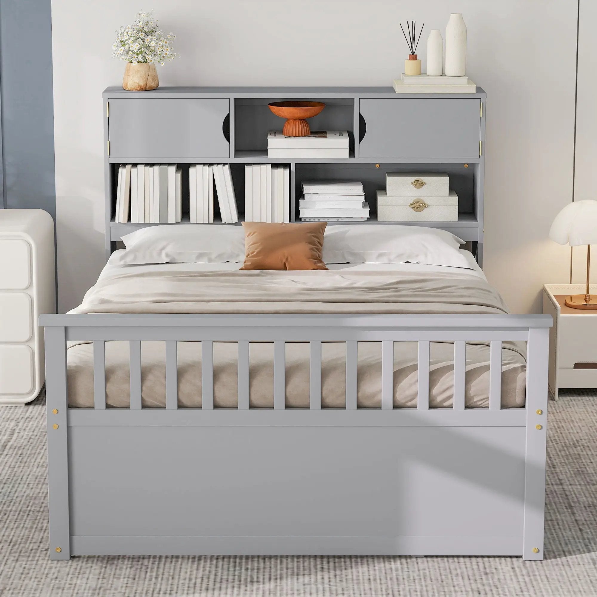 Captain Platform Bed Frame With Bookcase Headboard, 4 Drawers, Storage Shelves by Unique Piece Furniture