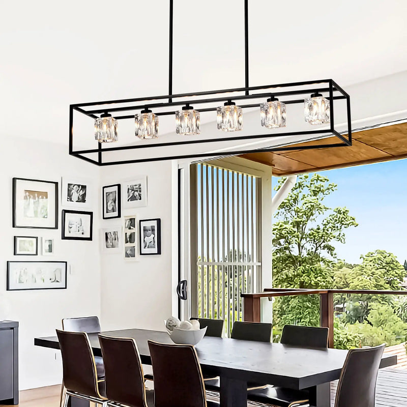 6 Light Farmhouse Chandelier, Modern Industrial Linear Rectangular Crystal Pendant Light Cage Chandelier For Dining Room, Kitchen Island, Bar, Long Table, G9*6 Bulbs Included - Matte Black by Unique Piece Furniture