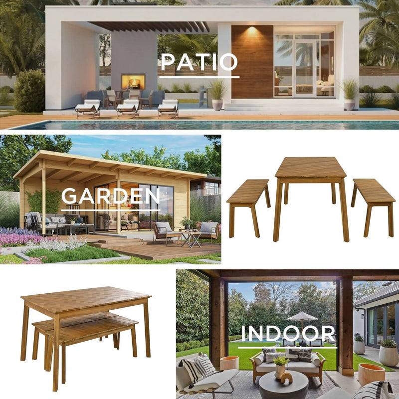 3 Pieces Acacia Wood Table Bench Dining Set For Outdoor & Indoor Furniture With 2 Benches, Picnic Beer Table For Patio, Porch, Garden, Poolside - Natural by Unique Piece Furniture