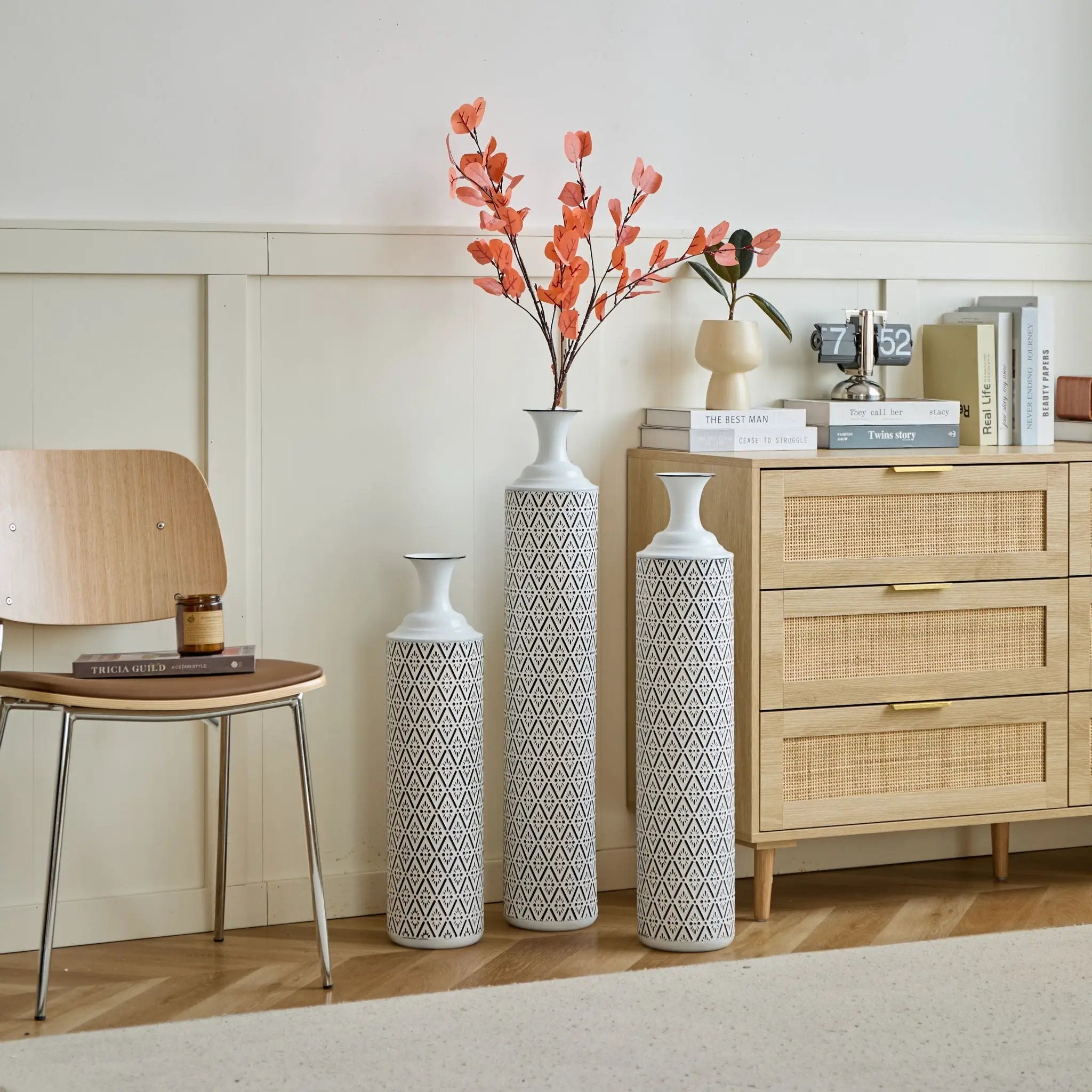 Modern Floor Vase Set Metal Vases With Geometric Pattern, 3 Piece Home Decor Set - White / Black by Unique Piece Furniture