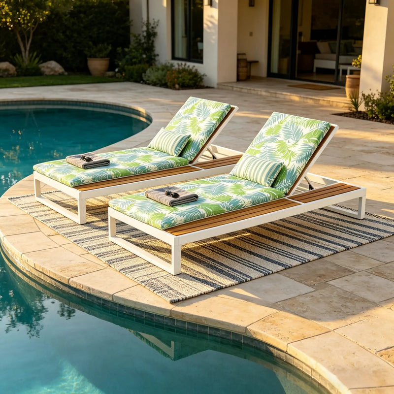 White Iron & Teak Finish Chaise Lounge Set by HouseOfZazla