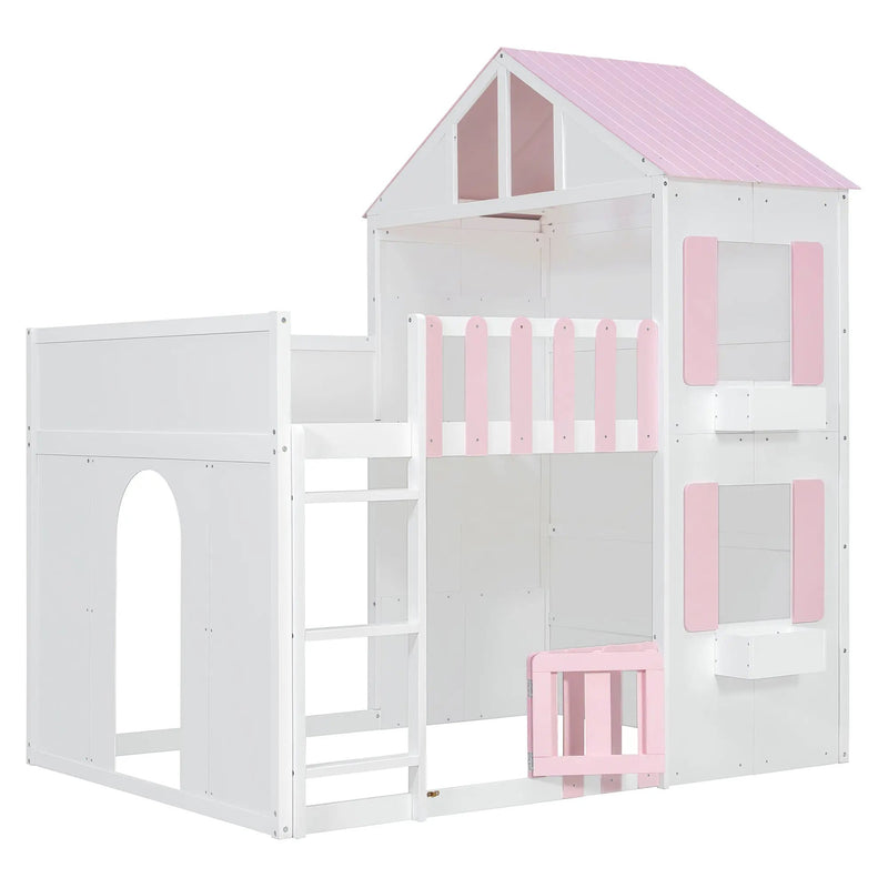 Full over Full House Bunk Bed with Storage - Pink, photo 5 of 10