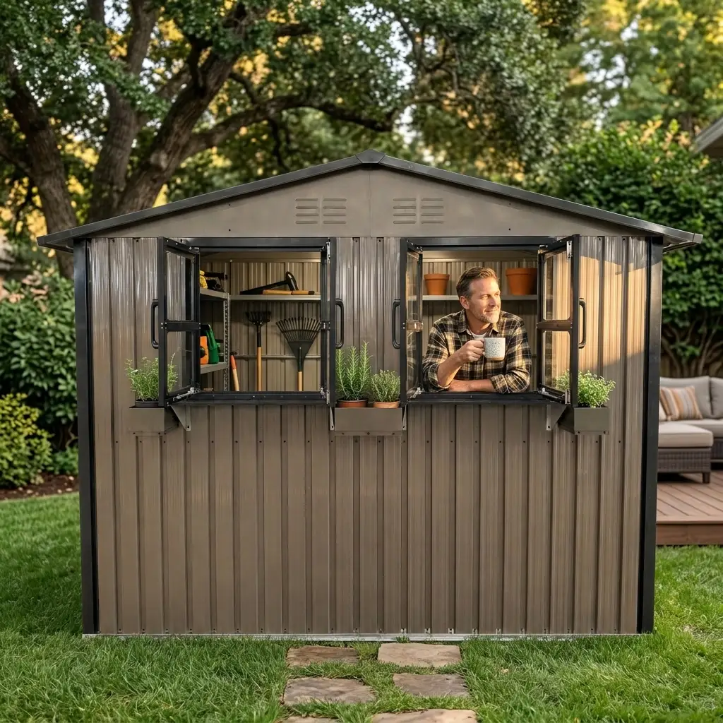6x9 FT Outdoor Metal Storage Shed with Window & Flower Rack by HouseOfZazla