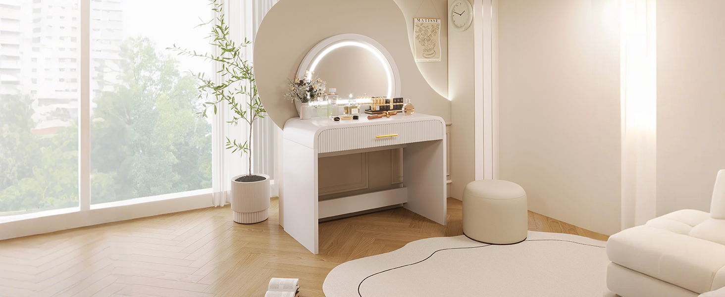 Makeup Vanity Table With Mirror Touch Screen Lighted Mirror, Dressing Table With Drawer For Bedroom - White by HouseOfZazla
