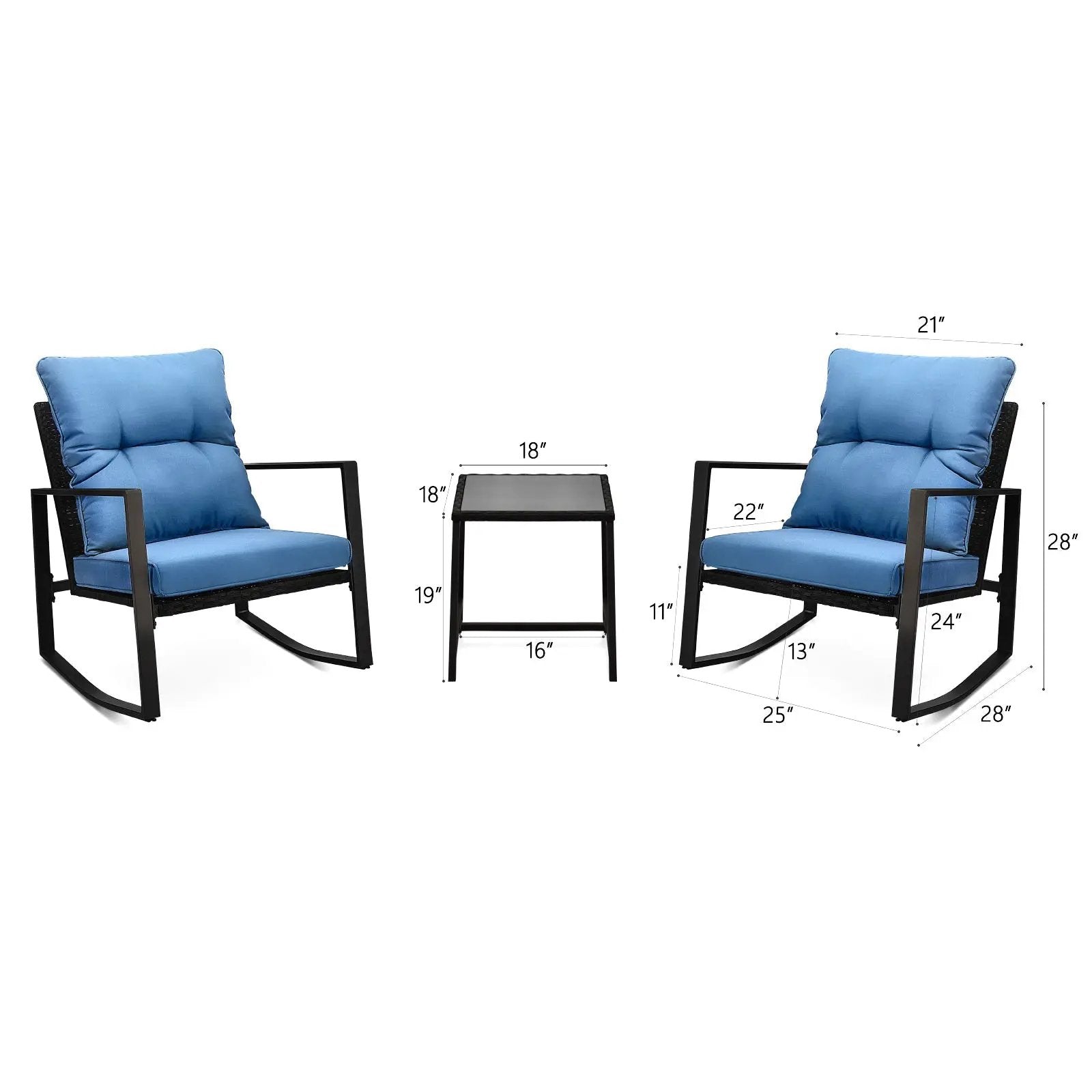 3 Pieces Patio Bistro Set Outdoor Rocking Chair with Blue Cushion for Yard Garden Poolside by HouseOfZazla