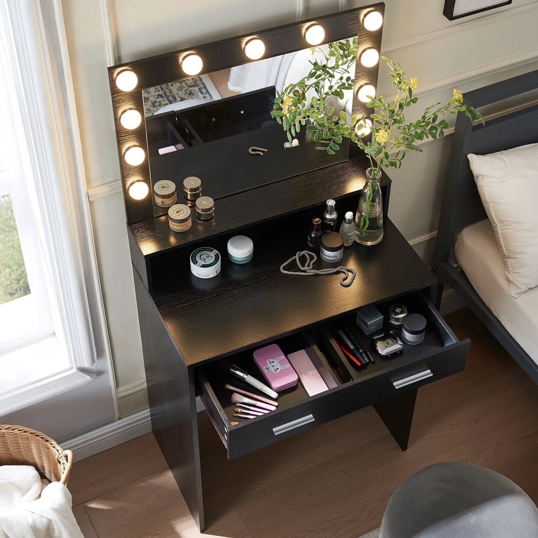 Vanity Desk With Mirror And Lights, Dressing Table With Large Drawer, 2 Level Storage Dresser & 3 Lighting Modes Adjustable Brightness, Suitable For Bedroom by HouseOfZazla