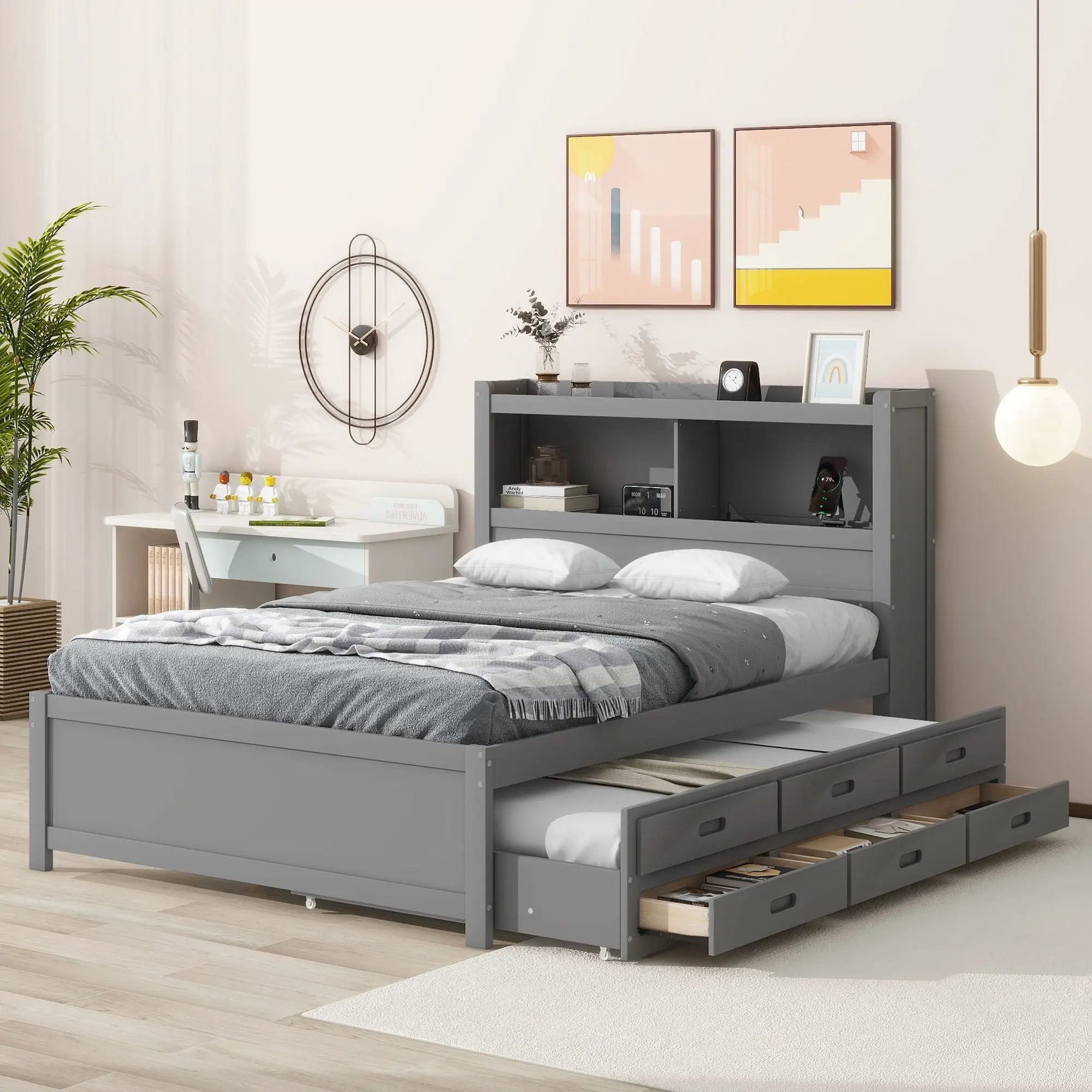 Full Size Platform Bed With Trundle, Drawers, USB Ports And Built In Shelves - Gray by Unique Piece Furniture