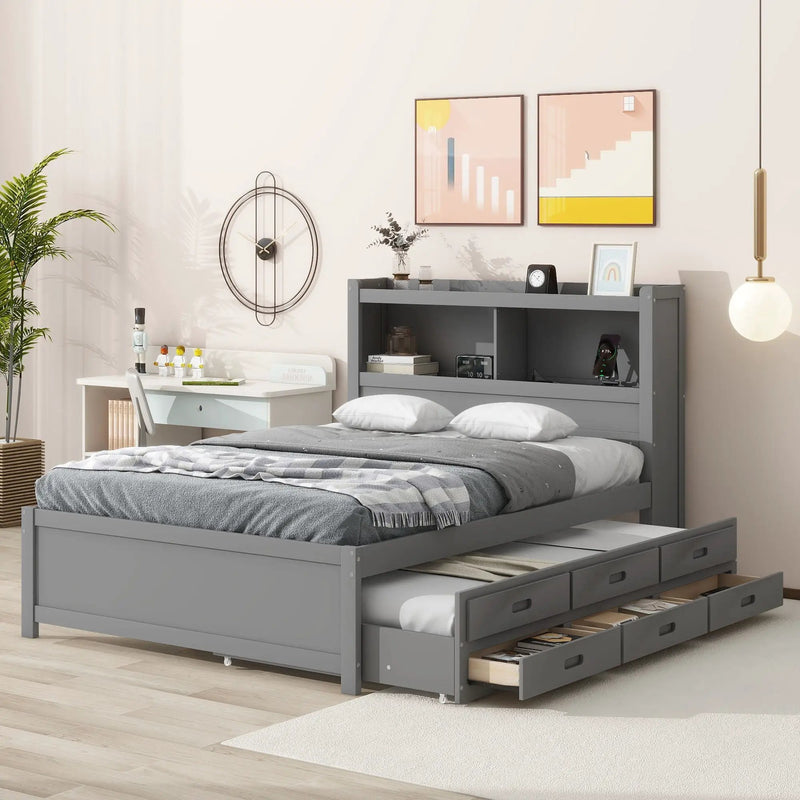 Full Size Platform Bed With Trundle, Drawers, USB Ports And Built In Shelves - Gray by Unique Piece Furniture