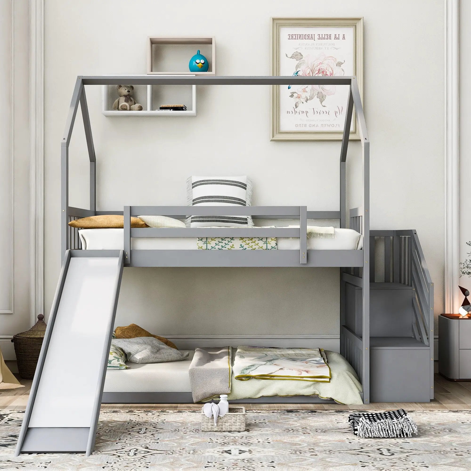 Twin Over Twin House Bunk Bed With Convertible Slide, Storage Staircase by HouseOfZazla